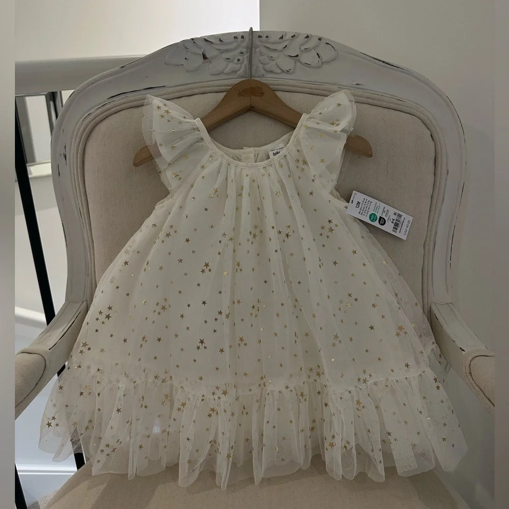 🦢 12 Mth Oshkosh Ivory Tulle Fancy Dress with Gold Star Details NWT - Picture 4 of 14